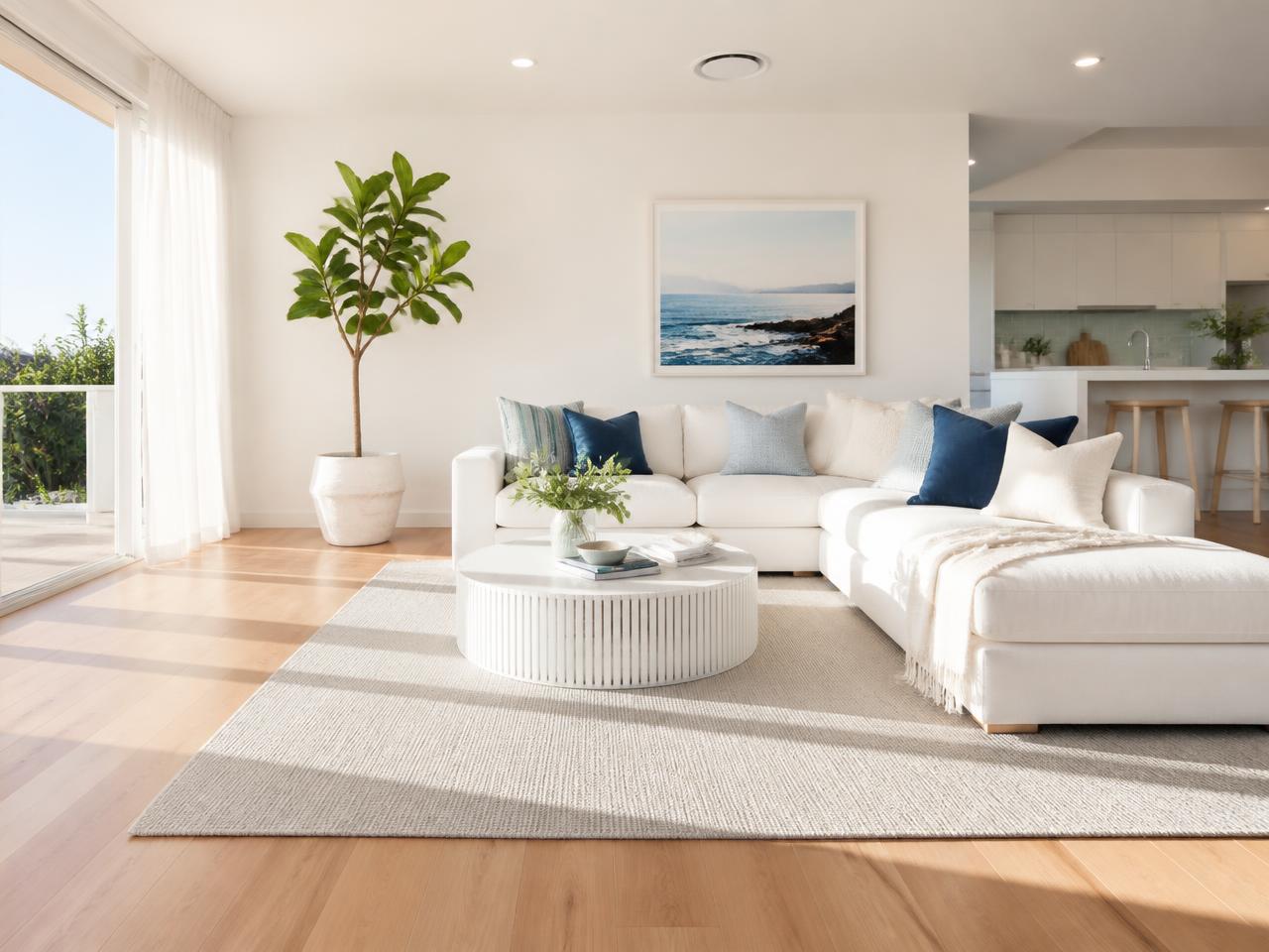 A bright, sunlit modern living room with clean white furniture and morning light